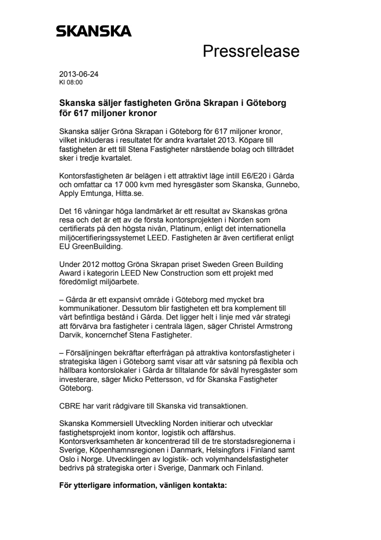 Skanska säljer fastigheten Gröna Skrapan i Göteborg för 617 miljoner kronor