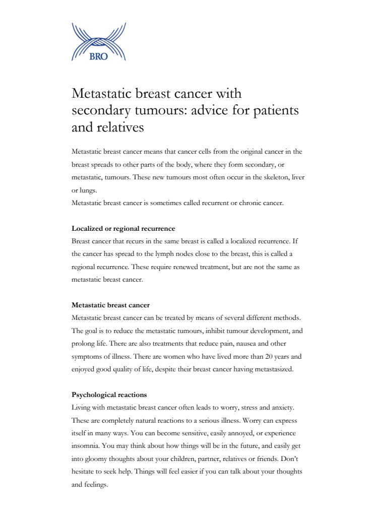 Metastatic breast cancer with secondary tumours: advice for patients and relatives - Fakta om spridd bröstcancer på engelska