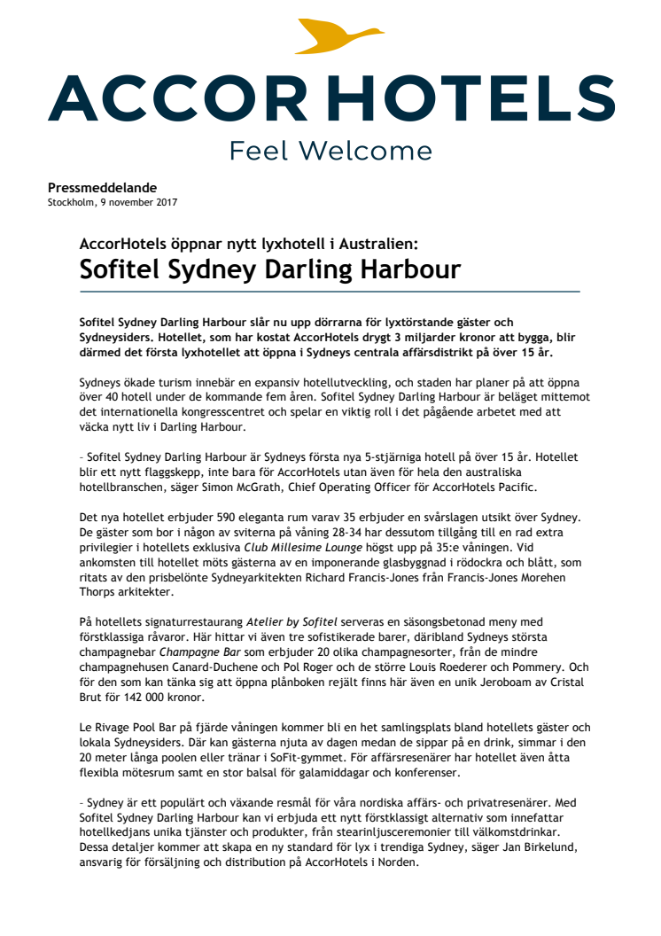 ​AccorHotels öppnar nytt lyxhotell i Australien: Sofitel Sydney Darling Harbour