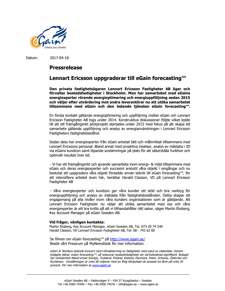 Lennart Ericsson uppgraderar till eGain forecasting™