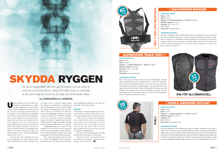 Handelsbodens Ryggskydd SAFE blev "Bäst i Test" I tidningen MC-Folkets test av ryggskydd för mc i nr2/2012