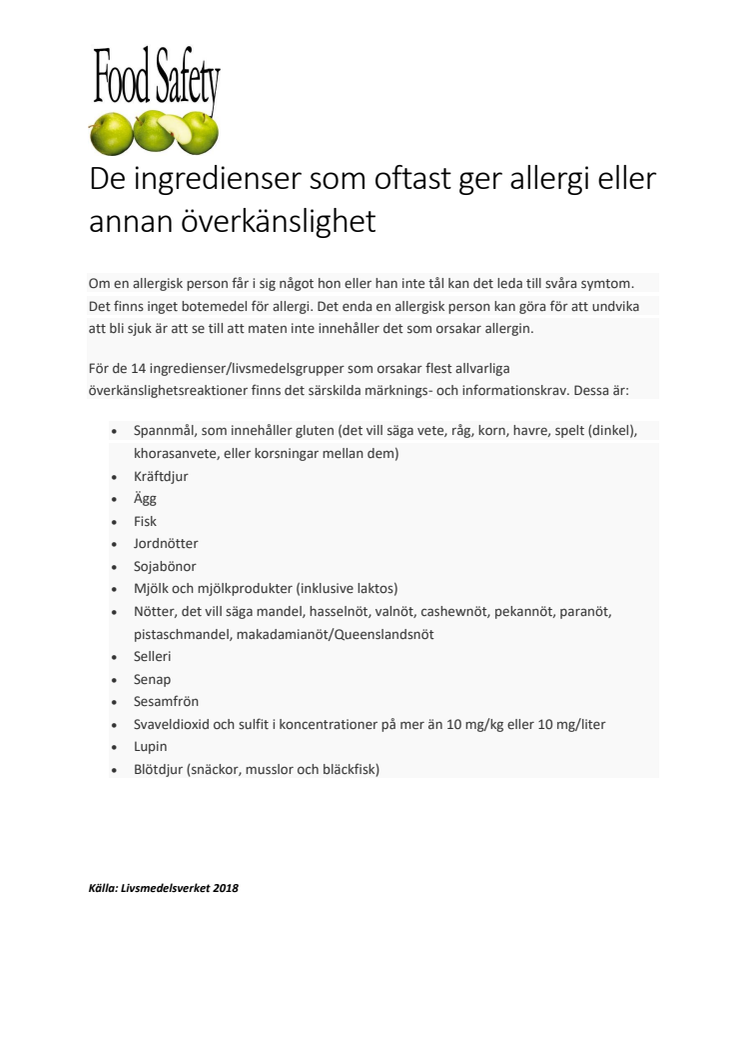 Allergena födoämnen som enligt lagstiftningen klassas som allergener