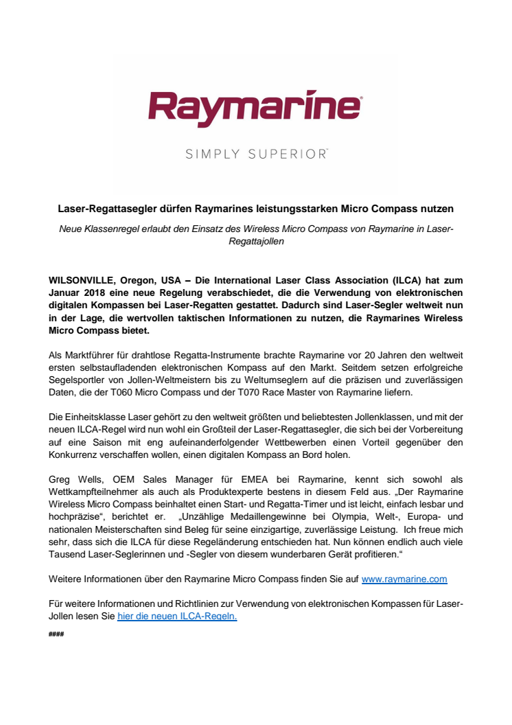 Raymarine: Laser-Regattasegler dürfen Raymarines leistungsstarken Micro Compass nutzen