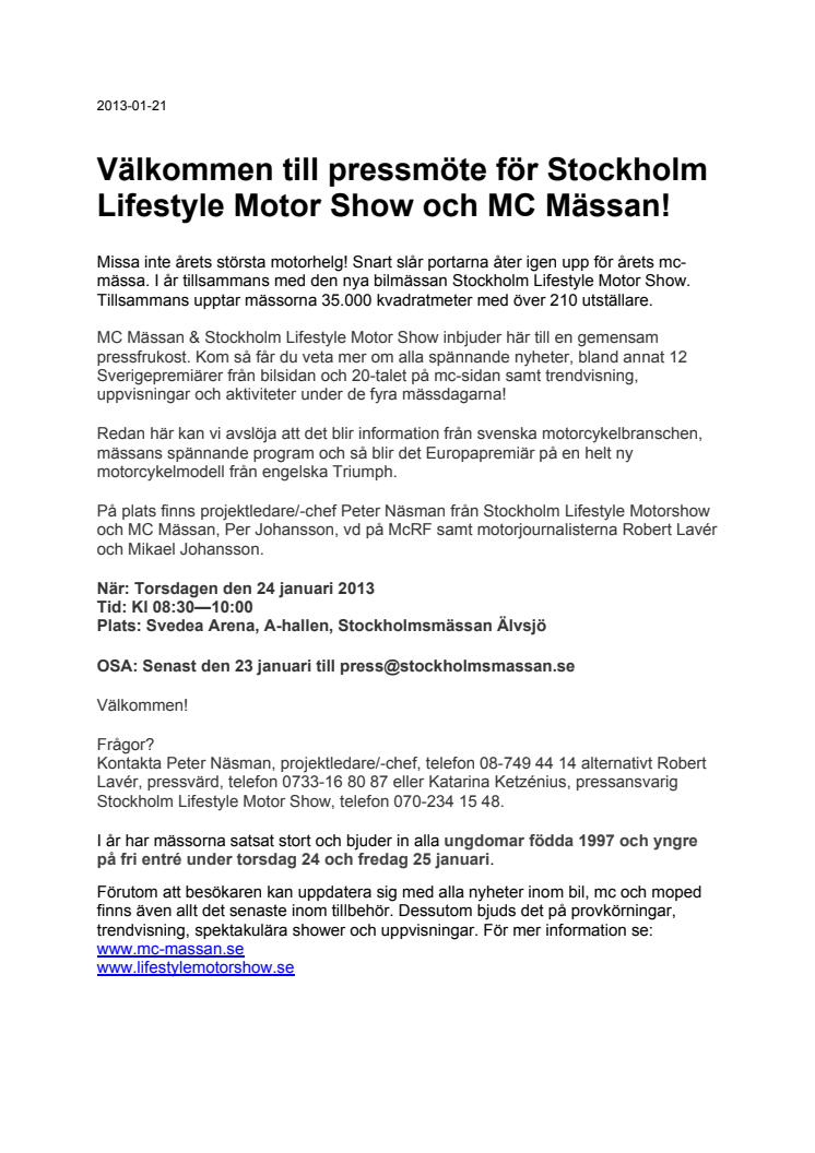 Pressinbjudan: Välkommen till pressmöte för Stockholm Lifestyle Motor Show och MC Mässan!