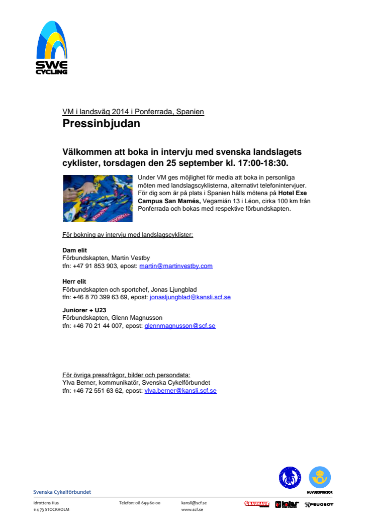 Pressinbjudan - VM 2014 i Ponferrada, Spanien