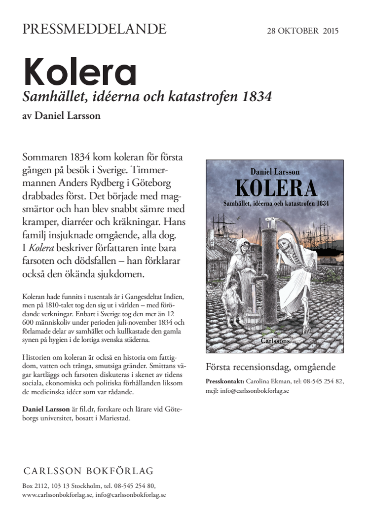 Ny bok: "Kolera - Samhället, idéerna och katastrofen 1834" 