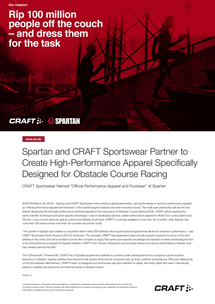 Spartan and CRAFT Sportswear Partner to Create High-Performance Apparel Specifically Designed for Obstacle Course Racing