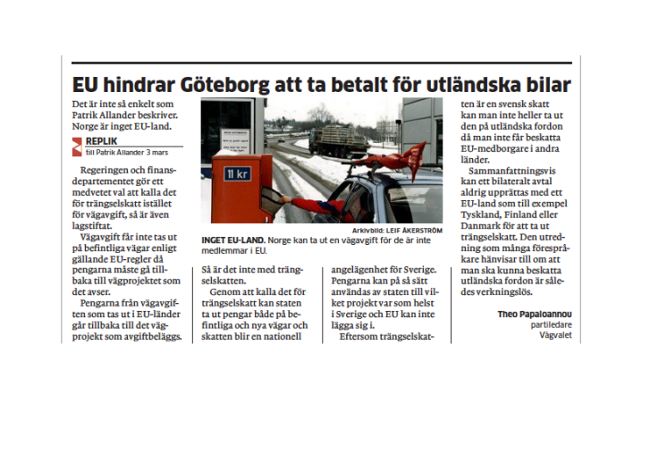 EU hindrar Göteborg att ta betalt för utländska bilar