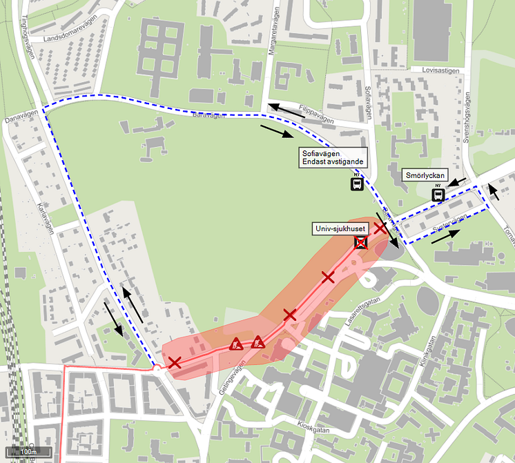 Universitetssjukhuset, temporär resväg för busslinje 126, 137, 139 och 165.