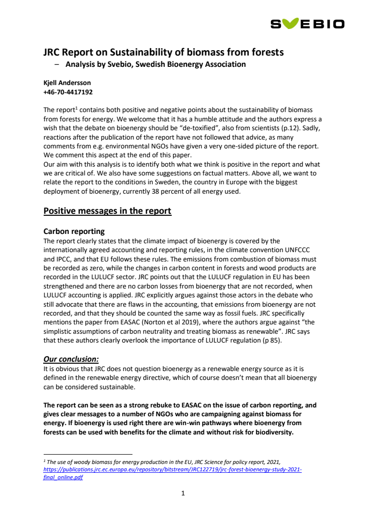 Analys av JRCs rapport "The use of woody biomass for energy production in the EU"