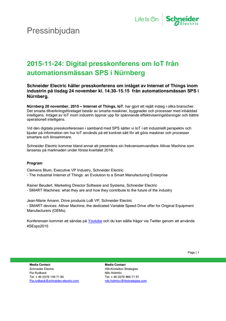 2015-11-24: Digital presskonferens om IoT från automationsmässan SPS i Nürnberg