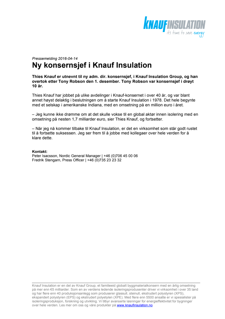 Ny konsernsjef i Knauf Insulation 