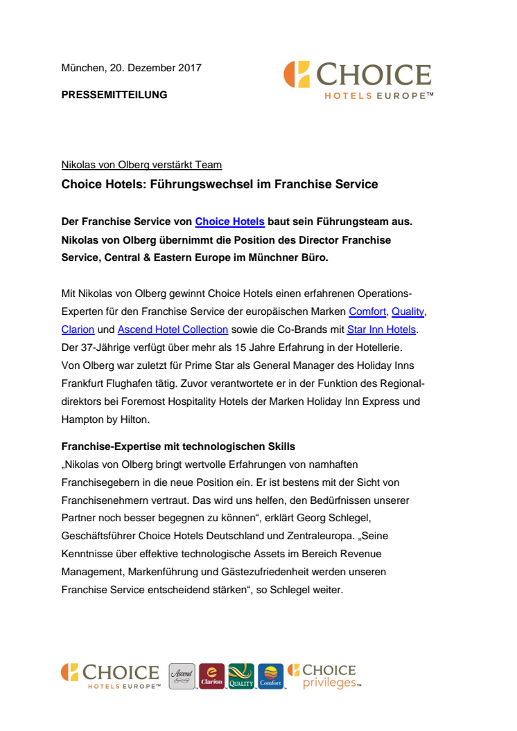 Choice Hotels: Führungswechsel im Franchise Service