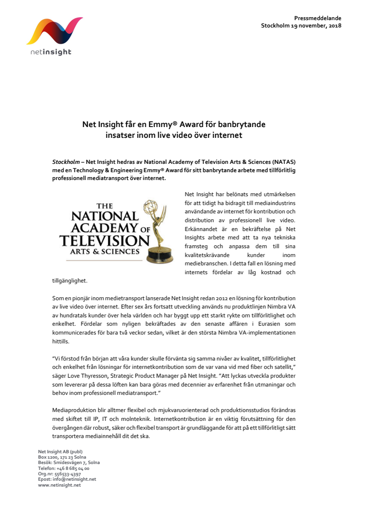 Net Insight får en Emmy® Award för banbrytande  insatser inom live video över internet