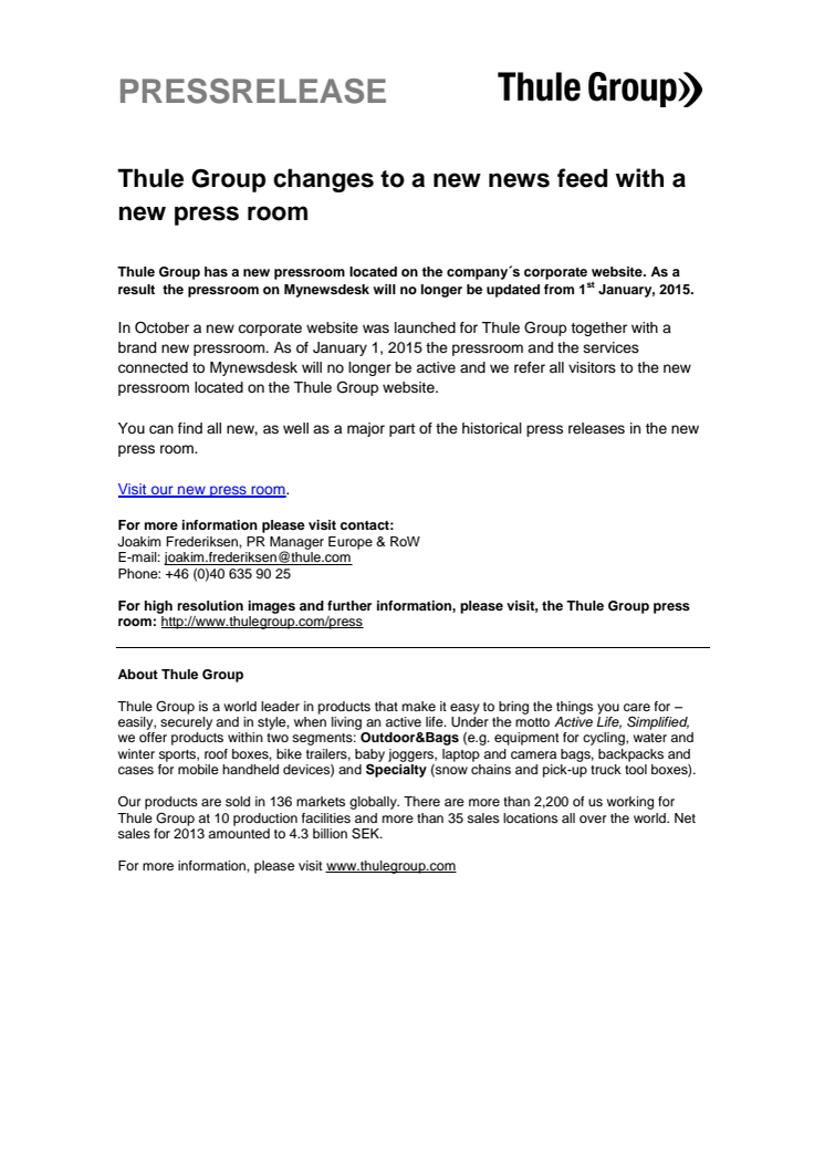 Thule Group changes to a new news feed with a new press room 
