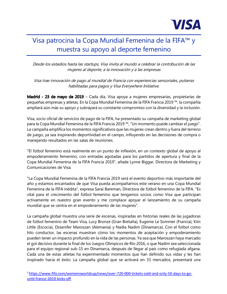 Visa patrocina la Copa Mundial Femenina de la FIFA™ y muestra su apoyo al deporte femenino