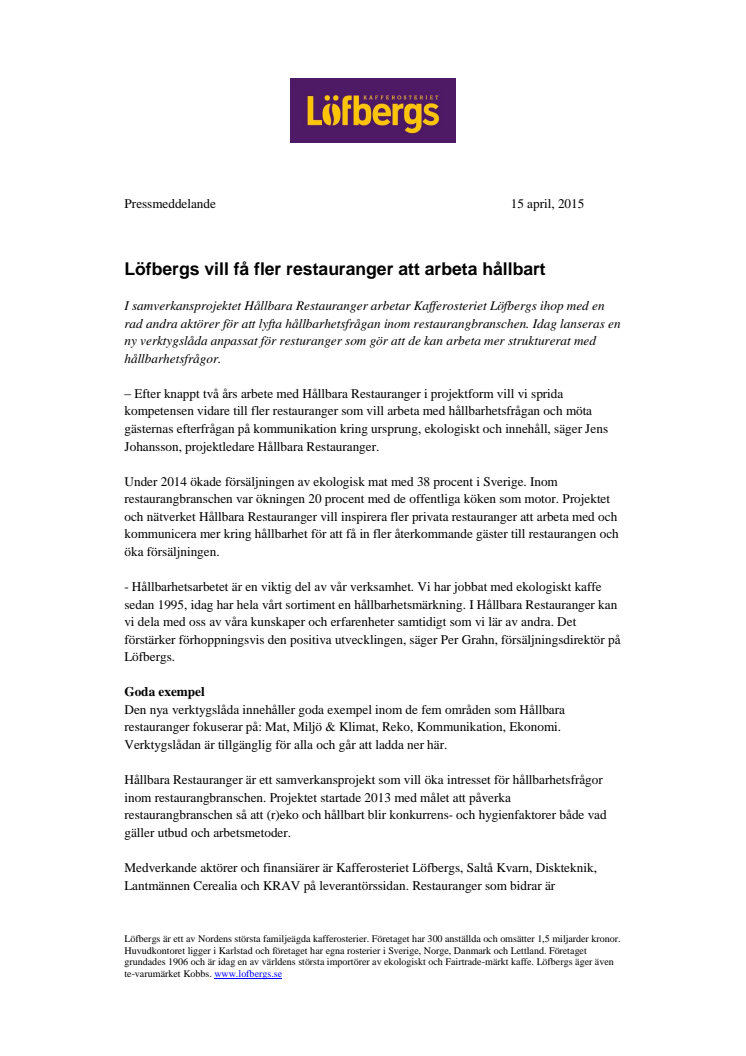 Löfbergs vill få fler restauranger att arbeta hållbart