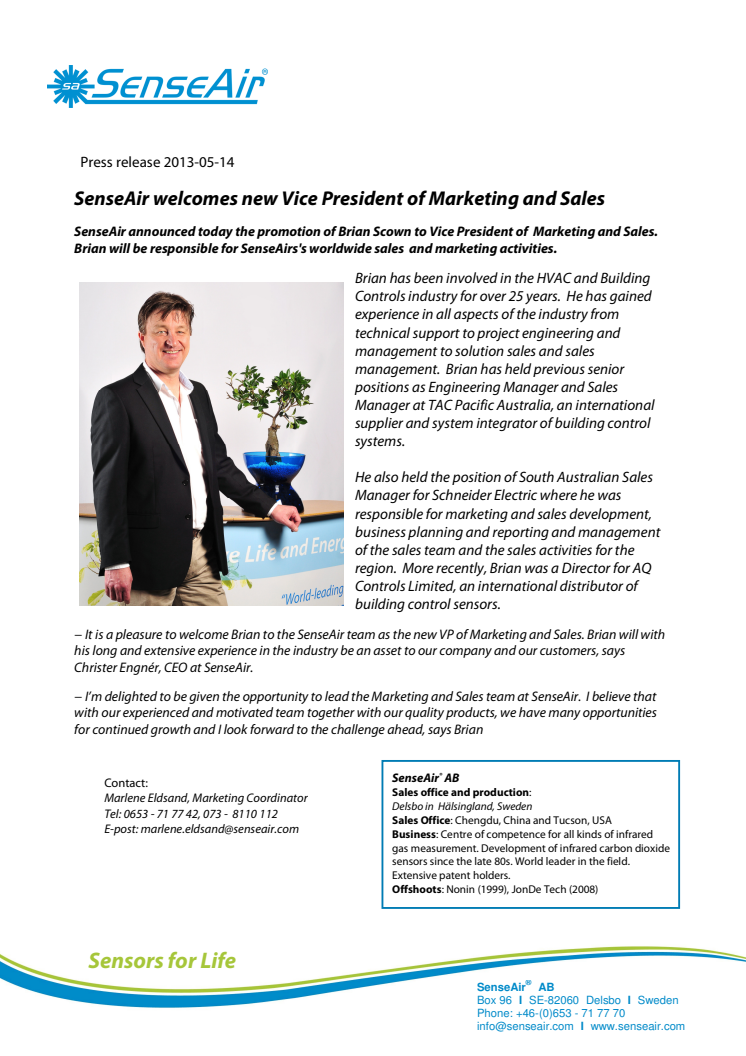 SenseAir welcomes new Vice President of Marketing and Sales
