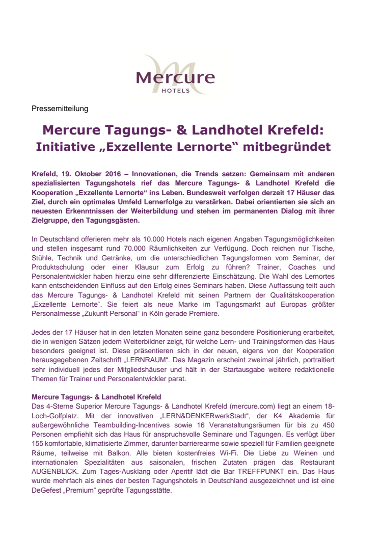 Mercure Tagungs- & Landhotel Krefeld: Initiative „Exzellente Lernorte“ mitbegründet