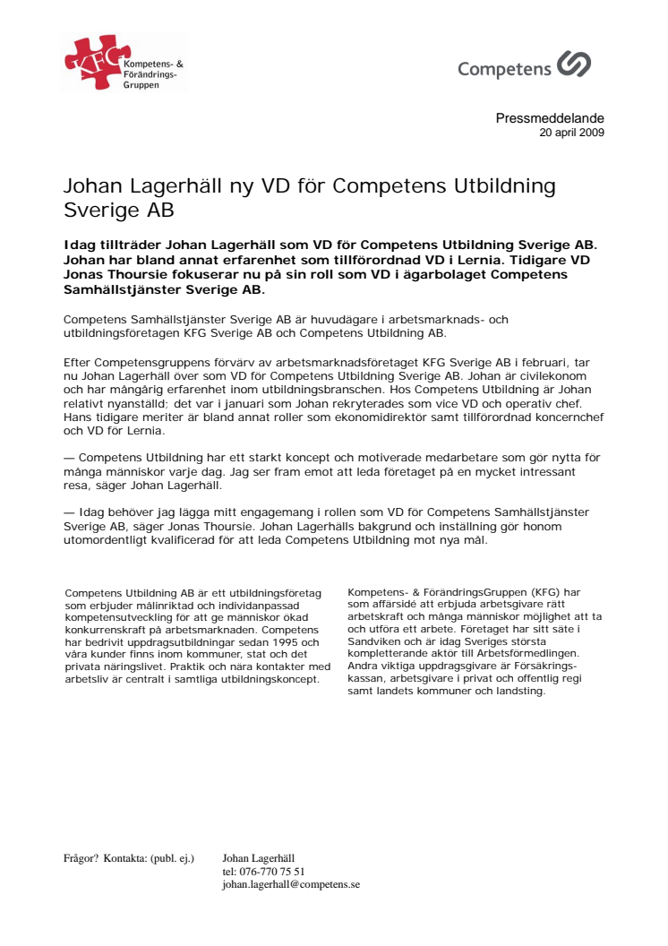 Johan Lagerhäll ny VD för Competens Utbildning Sverige AB