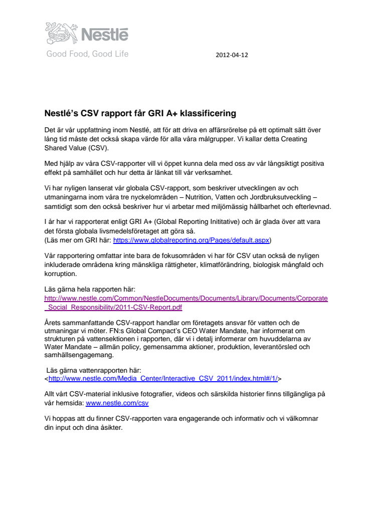 Nestlé’s CSV rapport får GRI A+ klassificering
