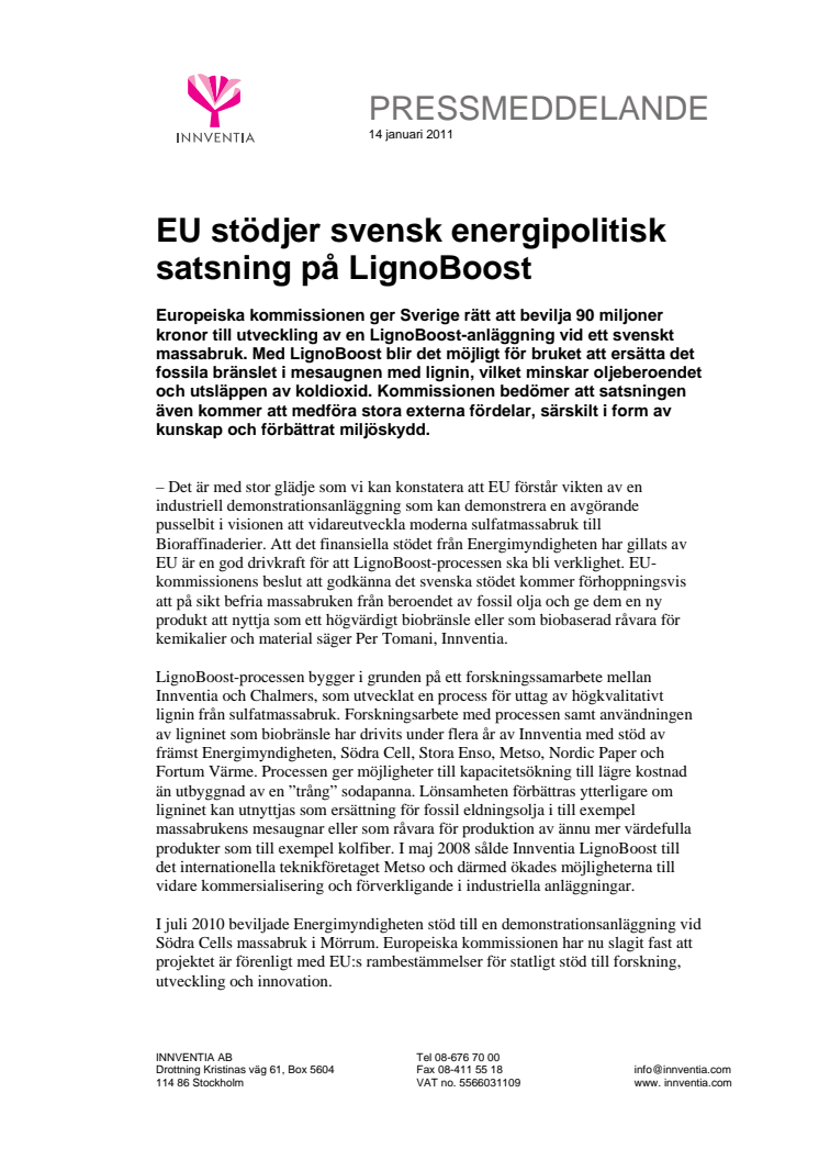 EU stödjer svensk energipolitisk satsning på LignoBoost