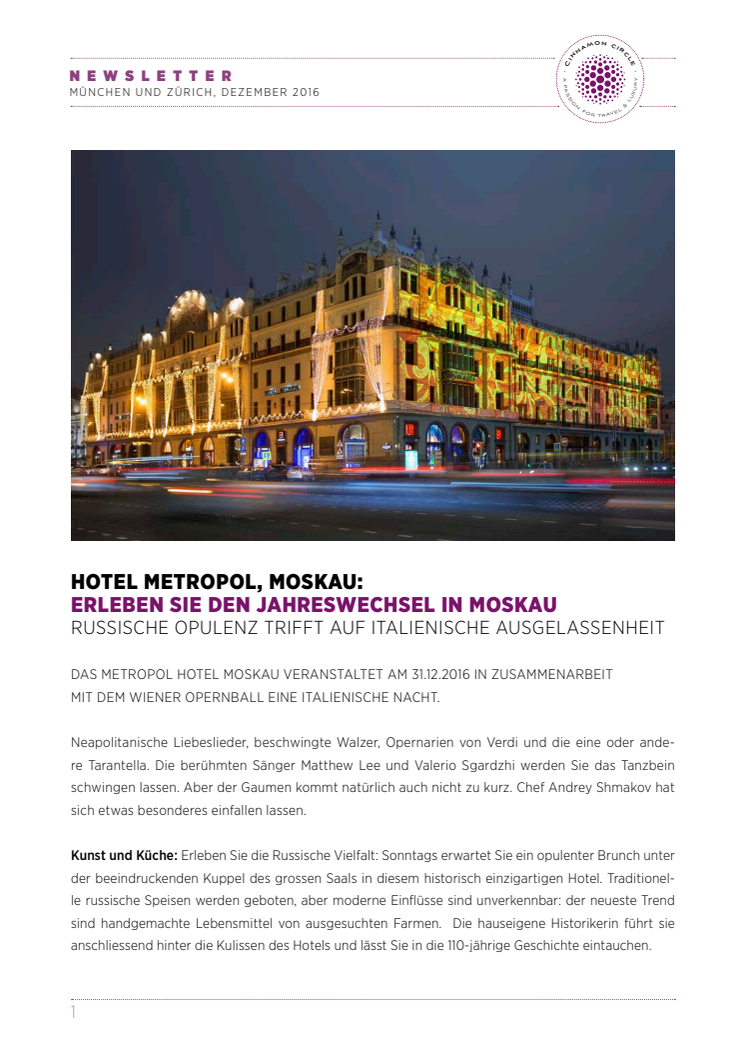 Erleben Sie den Jahreswechsel in Moskau: Im Hotel Metropol trifft Russische Opulenz auf Italienische Ausgelassenheit 
