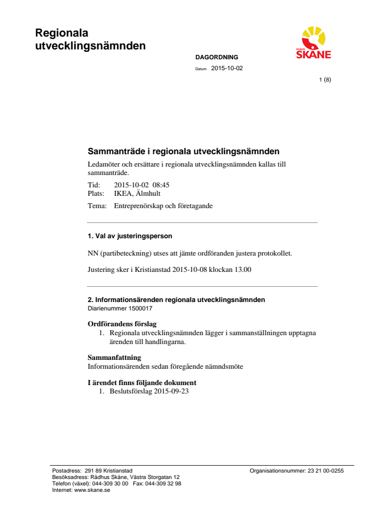 Regionala utvecklingsnämndens dagordning, 2015-10-02