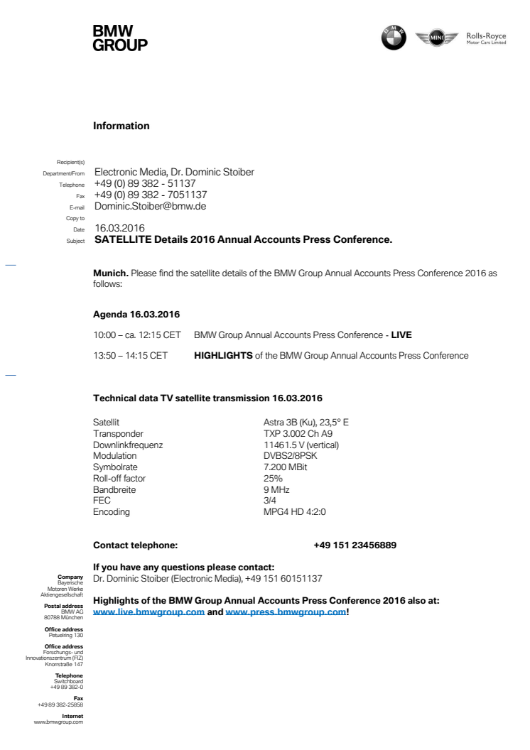 SATELLITE Details BMW Group Annual Accounts Conference 2016