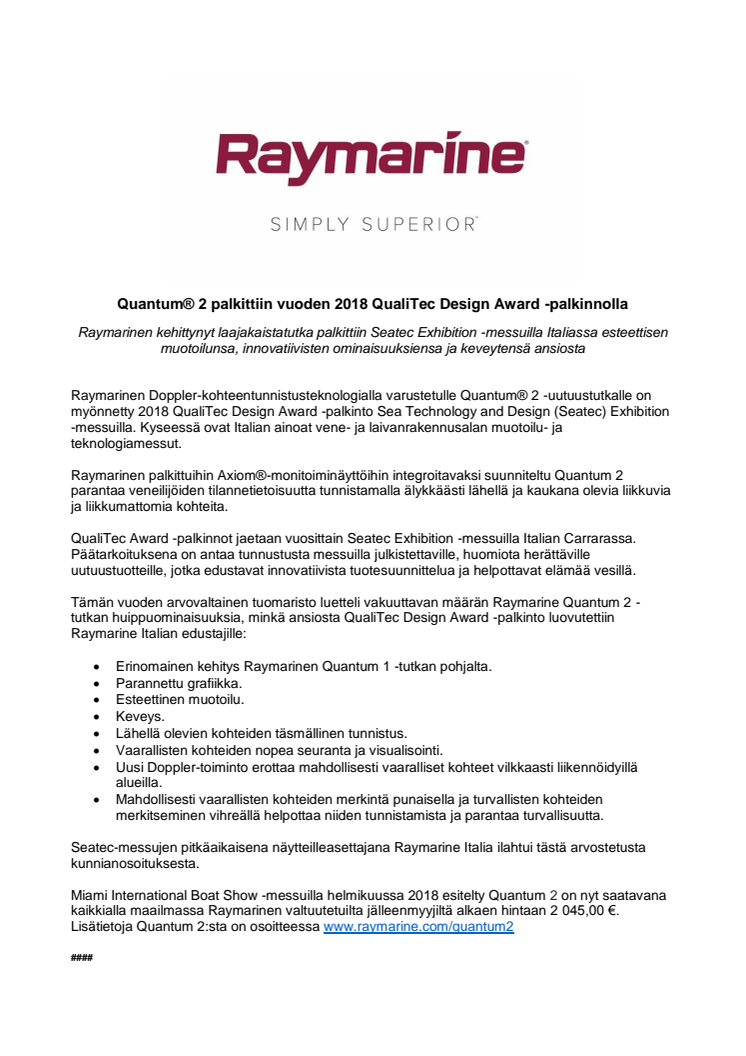 Raymarine: Quantum® 2 palkittiin vuoden 2018 QualiTec Design Award -palkinnolla 