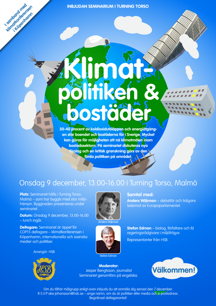 Klimatpolitiken & bostäder - inbjudan seminarium i Turning Torso - Malmö