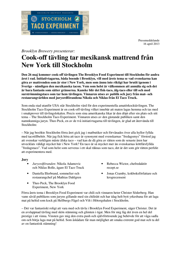 Brooklyn Brewery presenterar:  Cook-off tävling tar mexikansk mattrend från New York till Stockholm