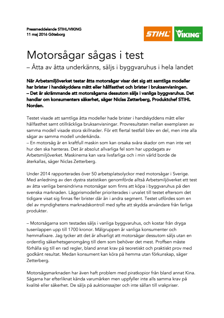 Åtta av åtta motorsågar underkänns – säljs i byggvaruhus i hela landet