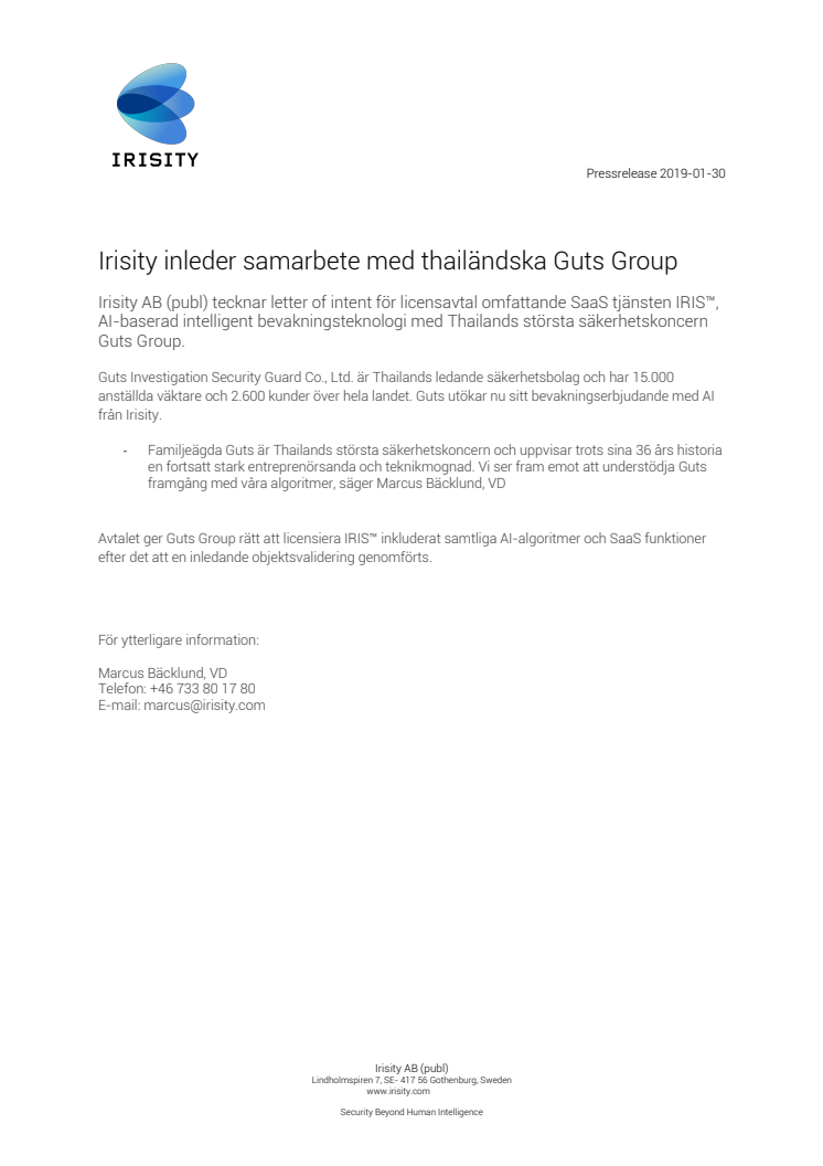 Irisity inleder samarbete med thailändska Guts Group