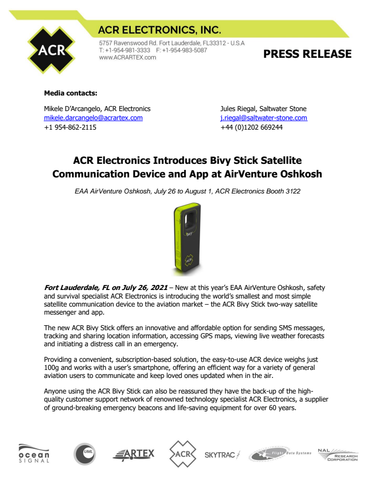 ACR Electronics Introduces Bivy Stick Satellite Communication Device and App at AirVenture Oshkosh