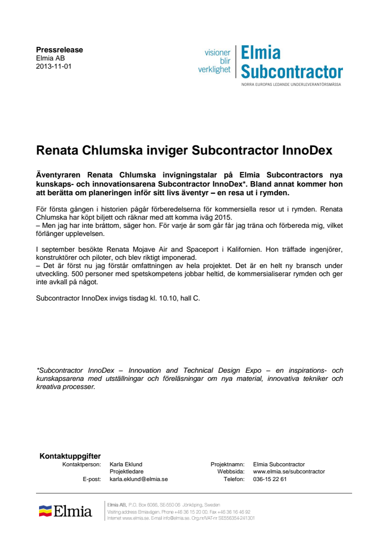 Renata Chlumska inviger Subcontractor InnoDex