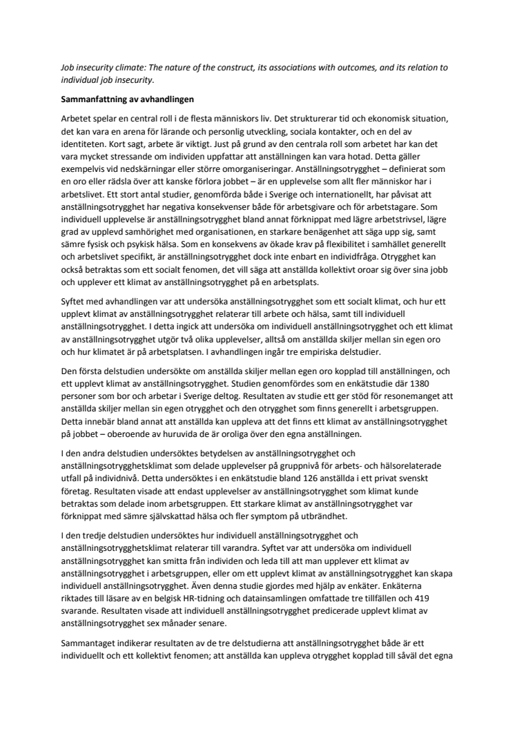  "Job insecurity climate: The nature of the construct, its associations with outcomes, and its relation to individual job insecurity", avhandling i sammanfattning.