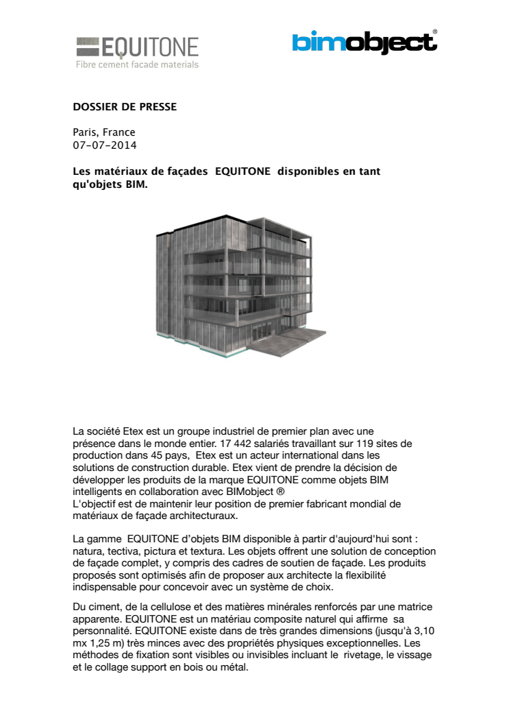 Les matériaux de façades  EQUITONE  disponibles en tant qu'objets BIM.