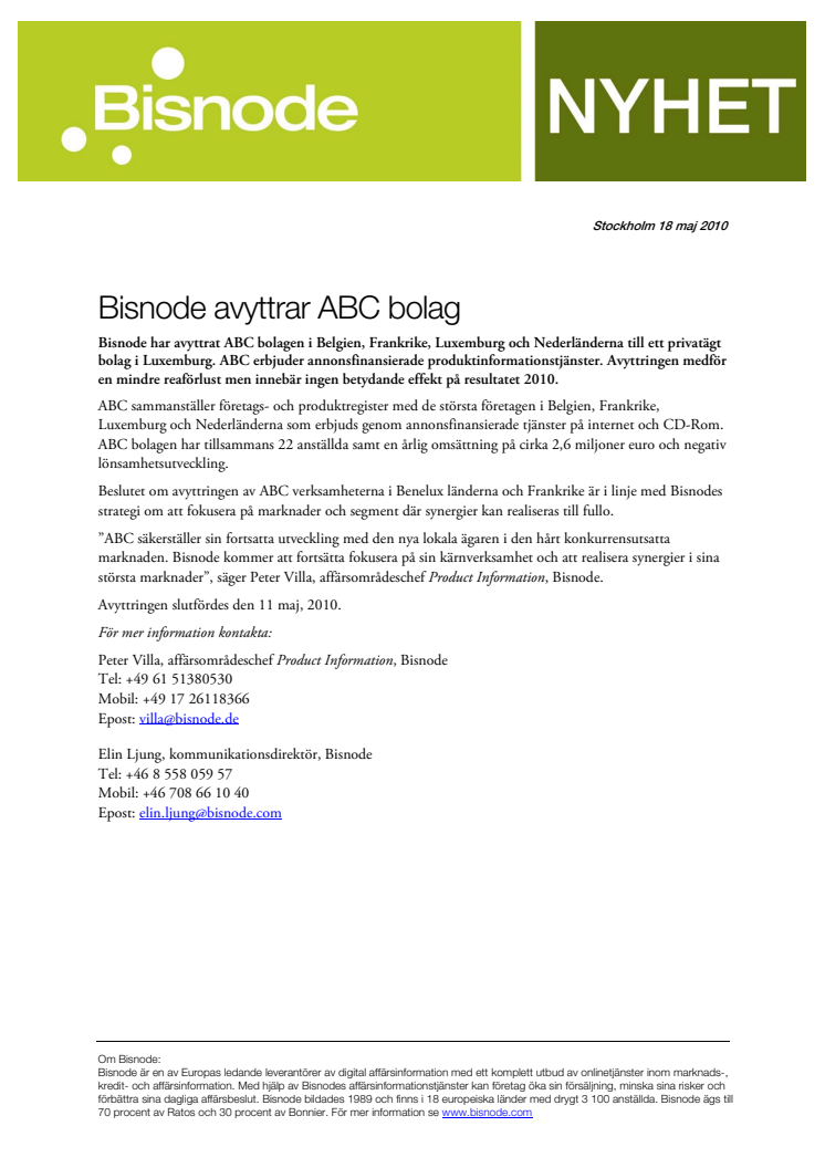 Bisnode avyttrar ABC bolag
