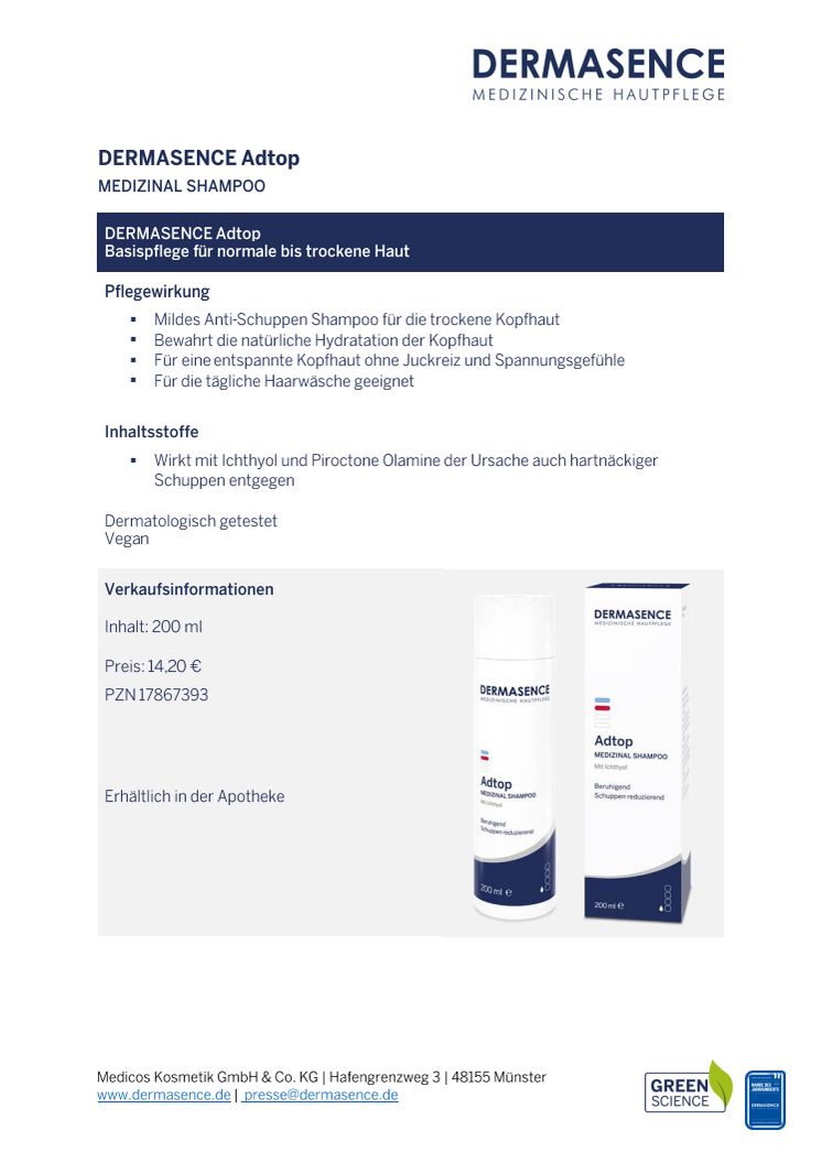 Factsheet DE: DERMASENCE Adtop Medizinal Shampoo