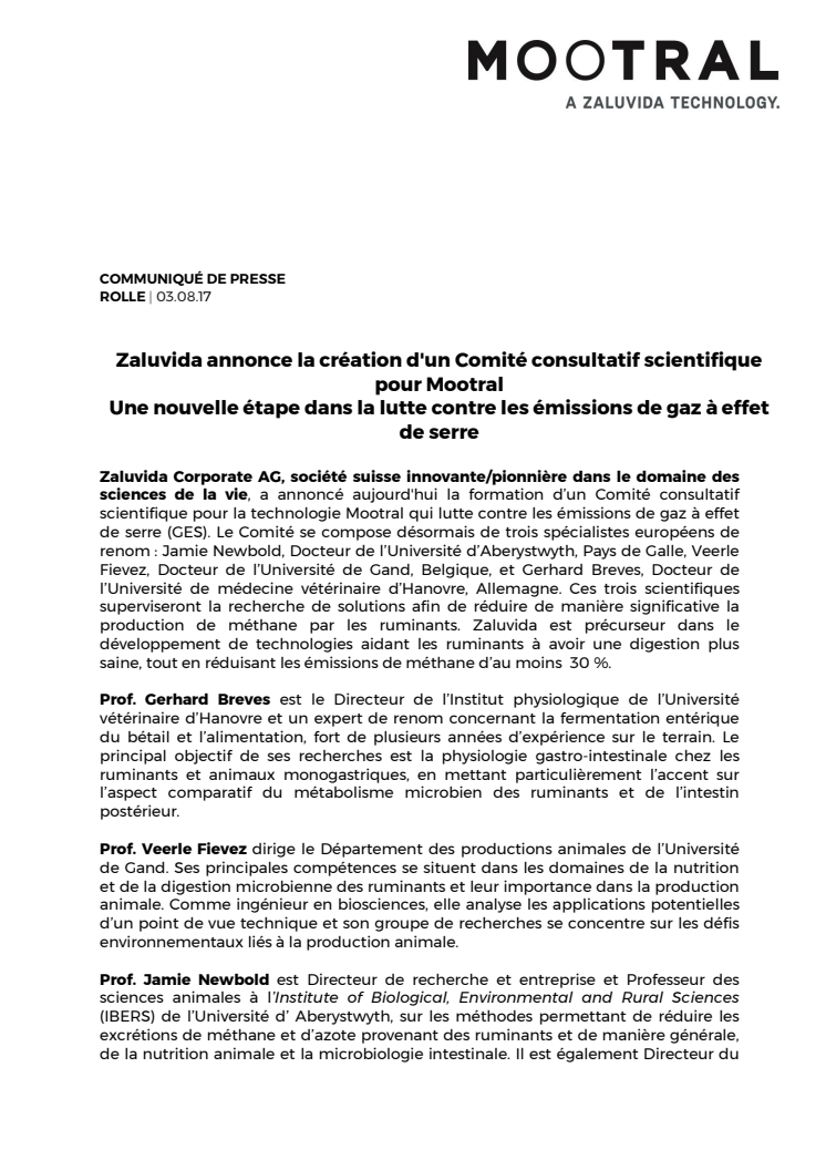 Zaluvida annonce la création d'un Comité consultatif scientifique pour Mootral