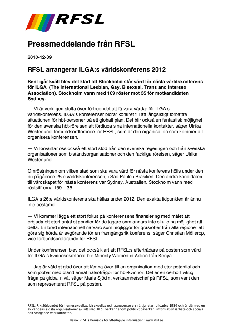 RFSL arrangerar ILGA:s världskonferens 2012