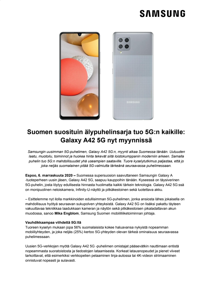 Suomen suosituin älypuhelinsarja tuo 5G:n kaikille: Galaxy A42 5G nyt myynnissä