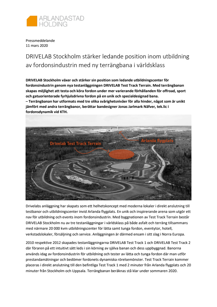 DRIVELAB Stockholm stärker ledande position inom utbildning av fordonsindustrin med ny terrängbana i världsklass