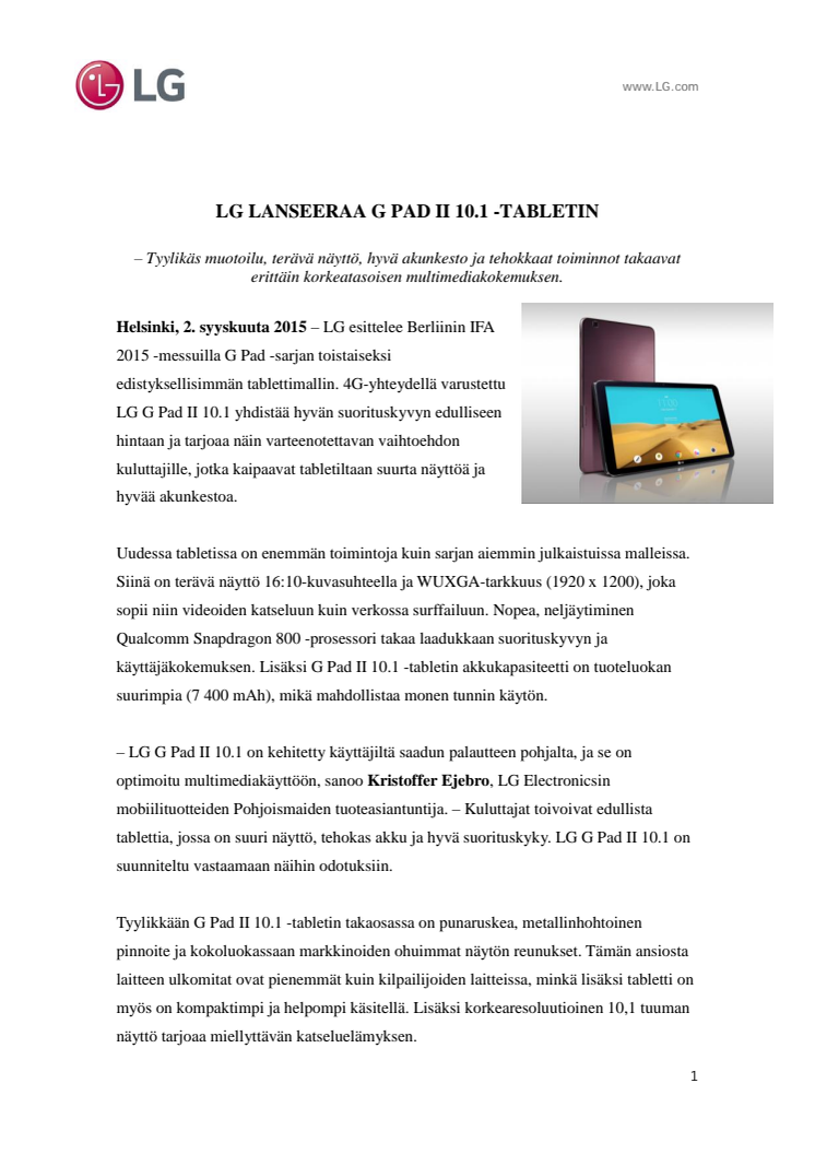 LG LANSEERAA G PAD II 10.1 -TABLETIN