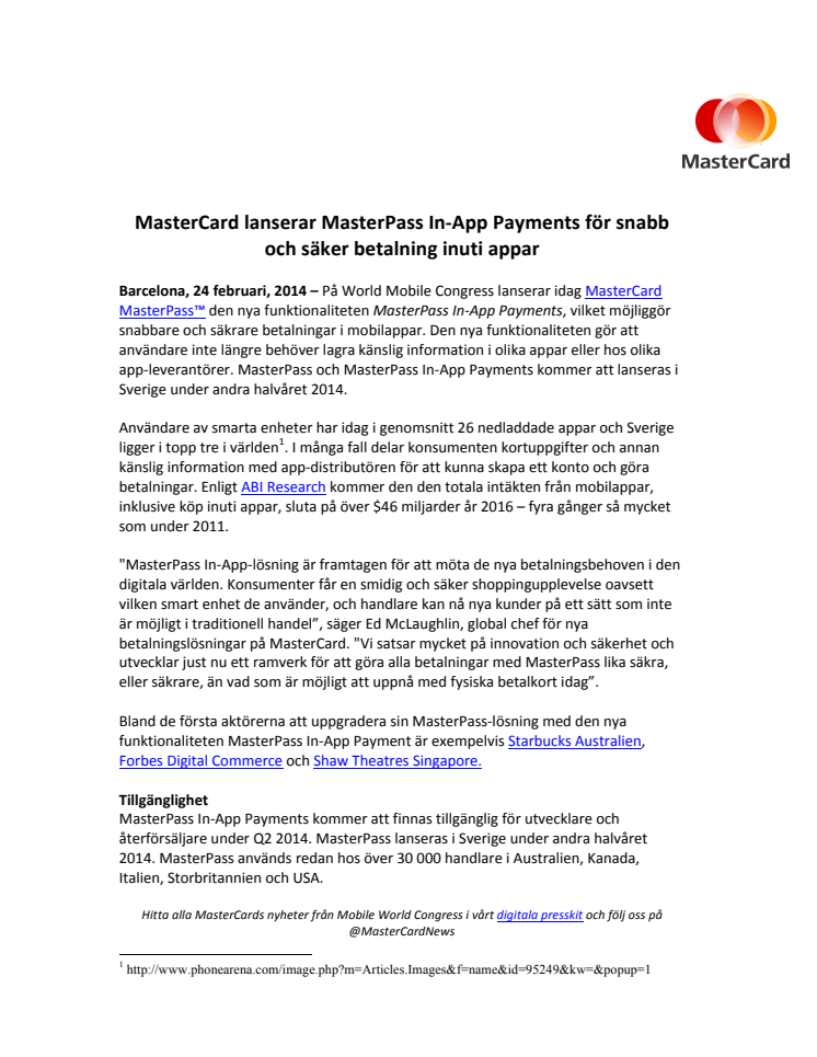MasterCard lanserar MasterPass In-App Payments för snabb och säker betalning inuti appar