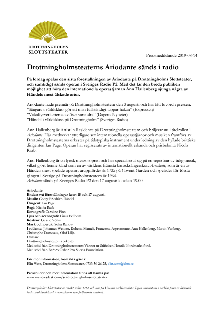 Drottningholmsteaterns Ariodante sänds i radio