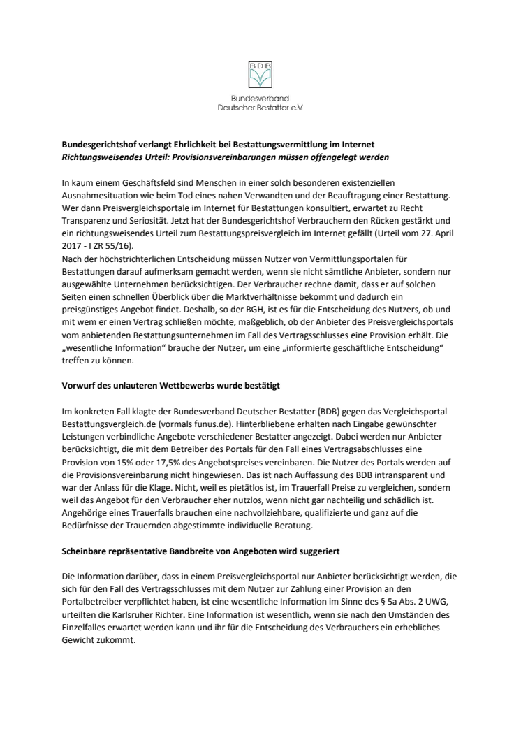 Bundesgerichtshof verlangt Ehrlichkeit bei Bestattungsvermittlung im Internet