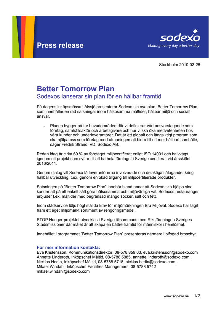 Better Tomorrow Plan - Sodexos lanserar sin plan för en hållbar framtid