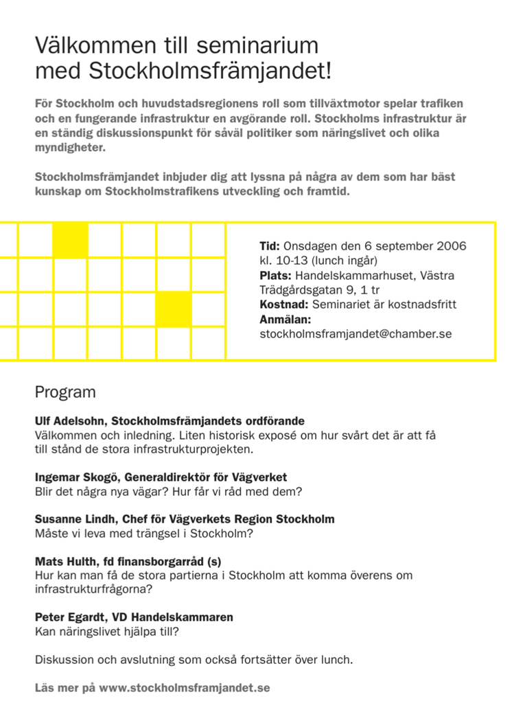 Pressinbjudan från Stockholmsfrämjandet: Seminarium 6 september om Stockholmstrafiken